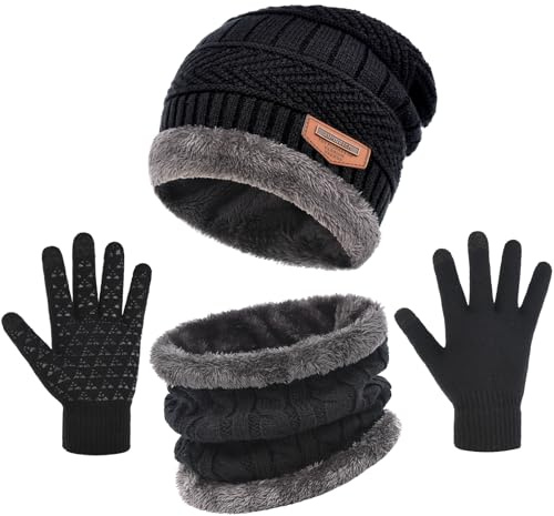 3-Pieces Winter Beanie Hat Gloves Scaef Thick Lined Warm Knit Hat Touch Screen Gloves Neck Warmer Cold Weather Men & Women (Blcak)