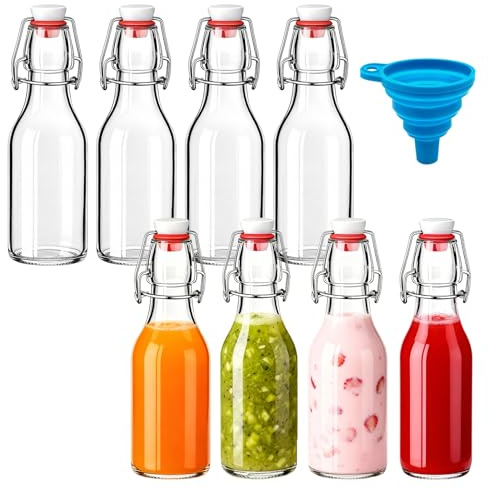 NBOUOU 8Pcs Glass Bottles with Stoppers, 250ml Clear Swing Top Bottles with Airtight Stoppers Beer Brewing for Wine, Beverages, Oil, Vinegar, Homemade Beer & Water (8 oz)