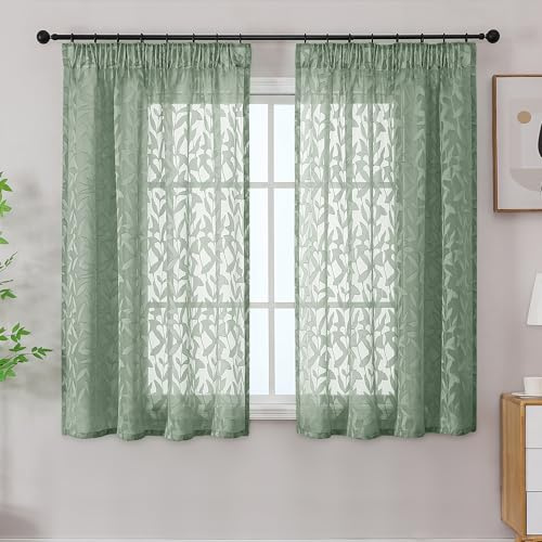 Simplebrand Sage Green Sheer Curtains 2 Panels W140 x L137cm, Leaf Clip Jacquard Voile Curtains, Pencil Pleat Semi-Sheer Window Drapes for Living Room Bedroom Kitchen Home Decor
