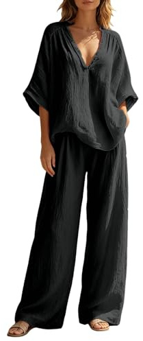 Traje de verano de dos piezas para mujer, muselina, blusa y pantalones largos anchos, conjunto de lino, traje de casa acogedor, 2 piezas, monocolor, elegante, 2 piezas, tallas grandes