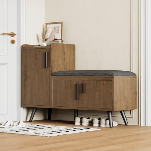 BTM Modern Shoe Storage Bench with Adjustable Shelves for Boots or Heels, Hallway Bench Shoe Rack with Seat Natural