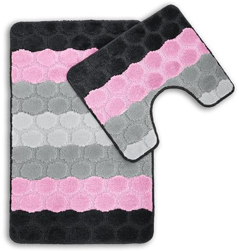 Velosso Non-Slip 2 Piece Bath Mat and Pedestal Mat - Soft and Absorbent Hex Striped Design - Greek Key Plain Quick Dry and Slip Resistant Bathroom Mat Set (Pink)