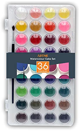 Artme Wasserfarben 36 Farben mit einem Künstlerpinsel - Aquarell-Kuchen-Set