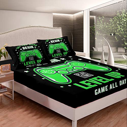 Tbrand Grünes Gamepad Bettlaken Set für Kinder Gamer Spannbettlaken 140x200cm Set Jugendliche Spiele Spannbetttuch Niedlich Karikatur Videospiel Controller Controller Bettwäsche Modern Youth
