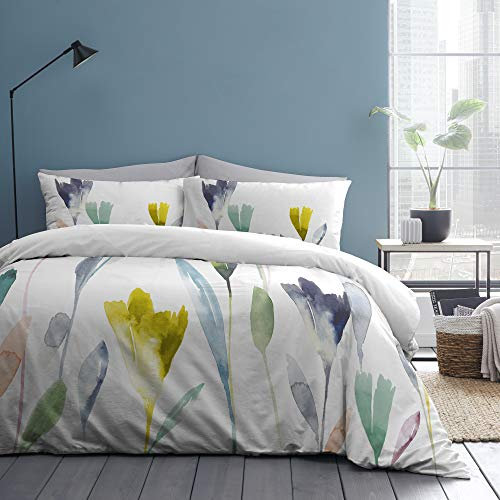 Appletree - Watercolour Floral Duvet Cover - King Bedding Size (230 x 220cm) - Soft 100% Cotton - White Duvet Cover with Flowers Painting - Botanical Reversible Design (Plain White Bedding)