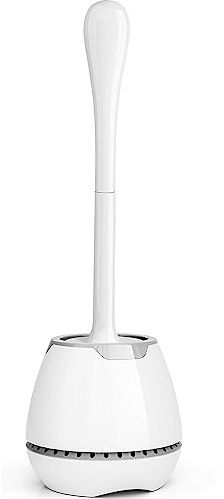 Scopino per WC e supporto, scopino per WC con supporto ventilato e manico lungo ergonomico, setole resistenti, set per la pulizia del bagno (bianco)