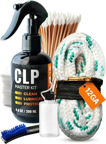 Gun Cleaning Oil Kit with 12 Ga Gun Cleaning Snake 3-in-1 Cleans, Lubes, Protects - 6.8 Oz Spray Gun Cleaner and Lubricant, Needle Oiler, Cleaning Patches, Cleaning Swabs, Brush
