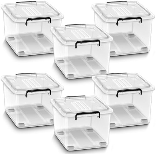 tillvex® Aufbewahrungsboxen mit Deckel 6er Set - 27 Liter, lebensmittelecht | Kunststoff Boxen Set stapelbar | Aufbewahrung Ordnungssystem Box groß | Aufbewahrungsbox Kleiderboxen 100% Neumaterial