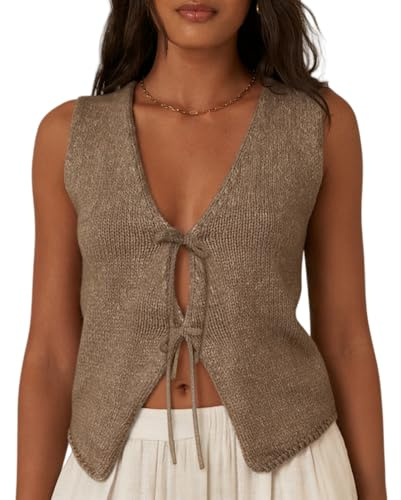Gilet da donna senza maniche in maglia con scollo a V aperto sul davanti cravatta all'uncinetto crop top casual vintage Y2k maglione gilet, A-farina d'avena, Small