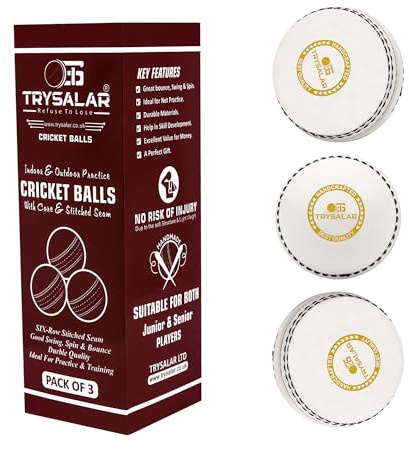 TrySalar Morbida palla da cricket in gomma per interni/esterni, per allenamento di giovani, adulti, allenamenti, pratica eccellente rimbalzo con cuciture tradizionali resistenti cucite a mano (bianco,
