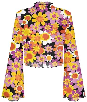 POLERO Y2K Top Bell Chemise à manches longues avec bordure en maille transparente et col montant années 70 pour femme