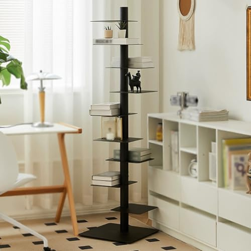 9 Tier Bookshelf Invisible Bookshelf,Height Adjustable Vertical Spine Book Tower,Rotating bookshelf Stand for Books Photos Artwork,Pot Plant,Black