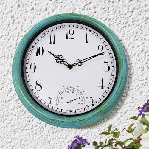 Gartenuhr Wetterfest Outdoor, 12 Zoll Groß Vintage Wanduhr Mit Thermometer Und Hygrometer Terrassenuhren Leise Ohne Tickgeräusche Batteriebetrieben Wand Uhr für Drinnen Und Draußen Dekorative