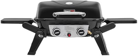 Royal Gourmet 2 Brûleurs Barbecue Gaz Portable, Barbecue Grille avec Tables Latérales Pliables et Couvercle, Puissance 5kW, Surface Cuisson 48 x 37 cm, Adapté pour Camping, Jardin, Terrasse