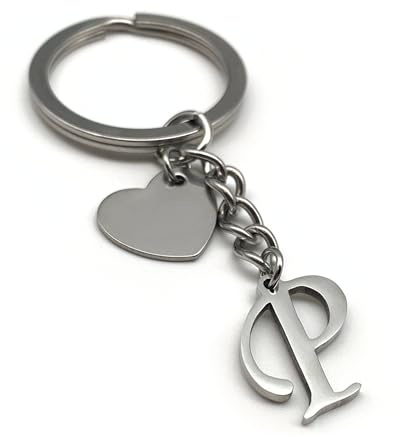 EVEMATE Keyring Letter with Heart - Initial A-Z Pendant Keychain - Handmade Stainless Steel - Name Gift Car Friend Partner (P)