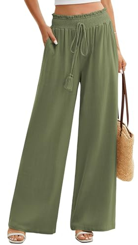 UMIPUBO Pantalon Lin Femme Été Coton Chanvre Décontractés Large Pantalons Fluide Elegant Chic Taille Haute Élastique Pantalon Léger Jogging Pants de Plage avec Poches (Vert, S)