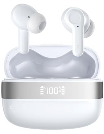 OWMSIC Kopfhörer Bluetooth, Kopfhörer kabellos Bluetooth 5.3, HIFl-Sound, 4 ENC-Mikrofonen, 48 Std spielzeit mit LED Anzeige, IPX7 wasserdichte kopfhörer, Für iOS/Android. Weiß