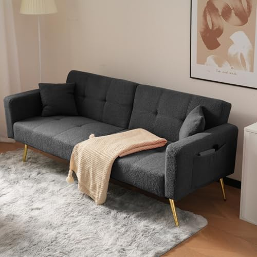PUGSDRLY Canape 2 Places Convertible avec Coussins,Canapé Lit Convertible avec Poches de Rangement Latérales,Angle Réglable,Pieds Dorés,Tissu Sherpa,pour Petits Appartements et Dortoirs (Gris)
