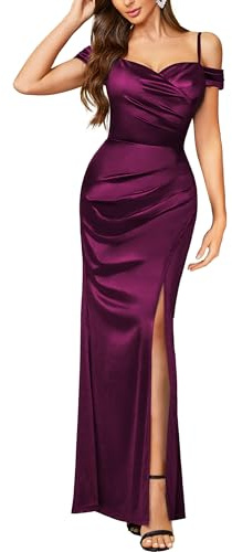 MIUSOL Women's Elegant Off-Shoulder High Split Satin Wedding Cocktail Party Ceremony Maxi Dress | Spaghetti Straps, Cold Shoulder Design, V-Neck Fitted Bodice, Ruched Split Hem, Wedding Guest, Ceremony Gown for Formal Event