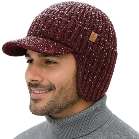 TOP-EX DryKnit™ Gorro impermeable con pico de lana merina 80% forrado con forro polar para hombre con orejeras, gorro térmico de golf con visera para clima frío, M-XXL, rosso, M-L