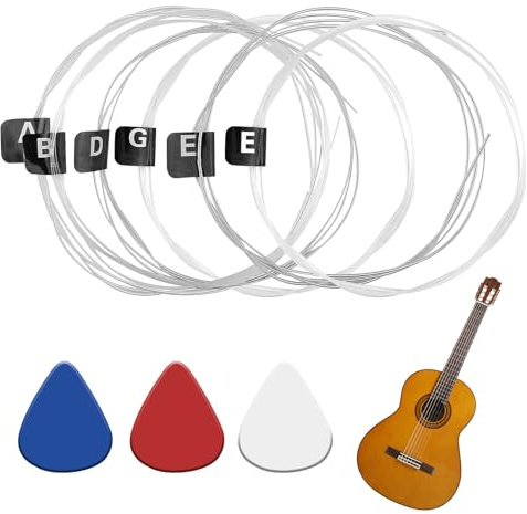 Classical Nylon Guitar Strings Full Set for 4/4 & 3/4 Guitars with 3 Picks | Universal Classical Guitar Strings, Musical Instrument Accessories, Quick & Easy Restringing. 3 Non-Slip 9mm Thick Picks.