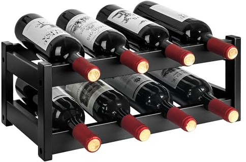 VASMIA Portabottiglie di Vino,Portabottiglie da Tavolo in Bambù Naturale, Vintage Espositore Bottiglie Scaffale Cantinetta Portabottiglie per Cucina, Bar, Cantina(2 livelli-8 bottiglie),Nero