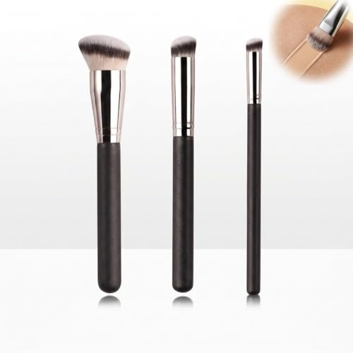 Pinceau Fond De Teint Fluide Contouring 3Pcs Pinceau Maquillage Kabuki, Pinceau Anti Cerne Teint Synthétiques Pour Liquide Creme Poudre Blush Bronzer Highlighter Pour n'Importe Quel Look, 3styles