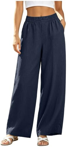 Pantalones Mujer Verano Lino de Algodón Casuales Solid Largo Pantalon Cintura Alta Elástico Pantalón con Bolsillos Ligeros y Cómodos Anchos Palazzo Pantalones