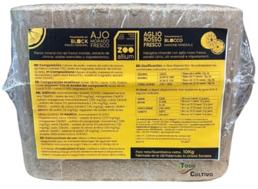 Bloque de sal mineral de 10 kg con ajo morado fresco, aceite vegetales y oligoelementos.