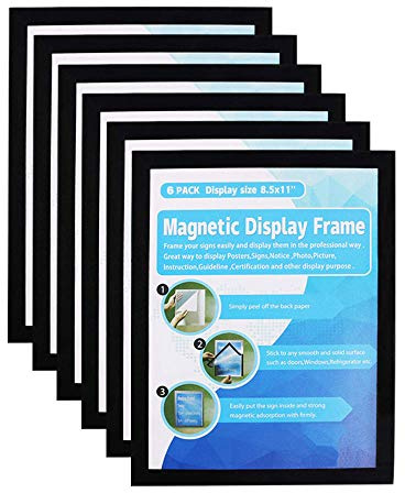 Magnetic Picture Frames A4,Window Sign Holder,Double Sided and Adhesive for Wall/Door/Refrigerator/Cupboard Display Frame(Pack of 6,Black)