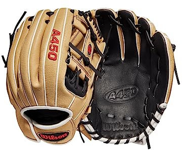 Wilson 2022 A450 11,5 tum Infield basebollhandske – svart/blond, vänsterhänt överkast