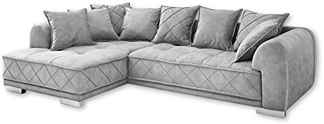 Stella Trading SENTINA Ecksofa in Samtoptik, Grau - Moderne Eckcouch in L-Form mit universell stellbarer Ottomane & dekorativer Steppung - 319 x 73 (90) x 194 cm (B/H/T)