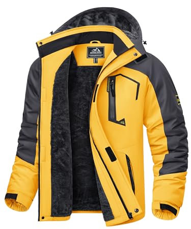 KEFITEVD Herren Skijacke Warm Gefütterte Softshelljacke Winter Atmungsaktiv Outdoorjacke Verdick Winddicht Übergangsjacke mit Kapuze Grau-gelb L