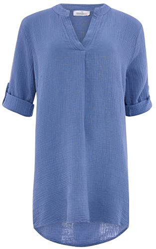 Zwillingsherz Musselin Longbluse aus 100% Baumwolle mit V-Ausschnitt – Hochwertige Tunika für Damen Frauen Mädchen - Sommerbluse Strandkleid - Locker luftig perfekt Frühling, Jeansblau, 36-42