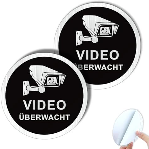 Goodvia Videoüberwachungswarnschilde Durchmesser von 10 cm, Gebürstete Aluminiumoberfläche, mit Klebefolie zur Einfachen Befestigung, runde Design Robust und Langlebig 2 Stück