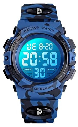 Dayllon digitalklocka för barn, utomhussport, 50 m, vattentät, elektroniska klockor, väckarklocka, 12/24 timmar, stoppur, kalender, pojkar och flickor, mörkblå, storlek XS (3–10 år)