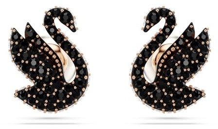 Swarovski Swan Ohrstecker, Schwarze und Rosé Vergoldete Ohrringe mit Schwan-Motiv und Strahlenden Swarovski Kristallen