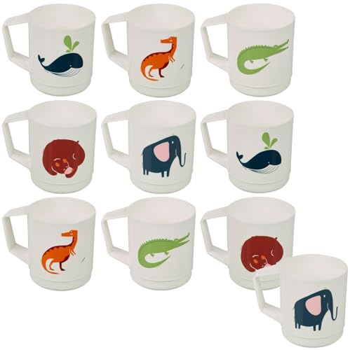 URBN-CHEF Kids Reusable Plastic Drinking Mugs Cups Handle Assorted Animal Design Set (10)