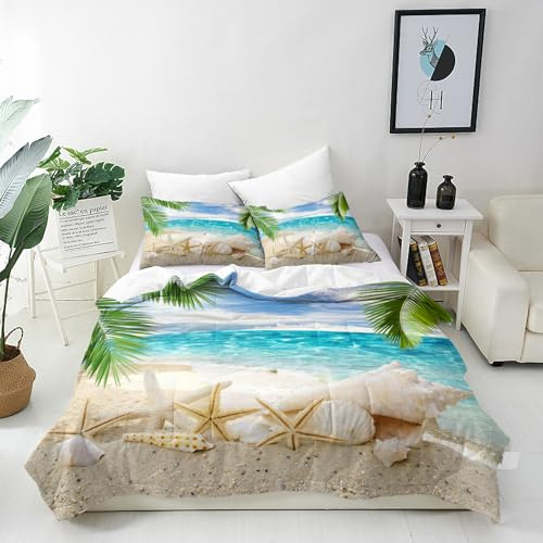 ANHOPE Beach Duvet Cover Set Soft Comforter Cover with Tropical Ocean Palm Leaf Print Pattern 3 Piece Bedding Set with Pillowcase All Season Decorative Quilt Cover with Zipper for Kids Adults Double