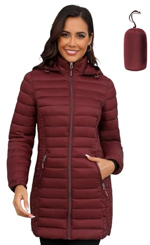 ANOTHER CHOICE Women Ultra-light Puffer Jacket, Winter Puffey Jacket with Detachable Hood Stretchy Panel Rollable, Wine, Medium