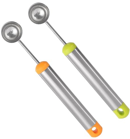 Watermelon Baller Scoop, 2 Pcs Red and Green 8 Inch Stainless Steel Fruit and Ice Cream Hemisphere Spoon for Kitchen and Outdoors (2)