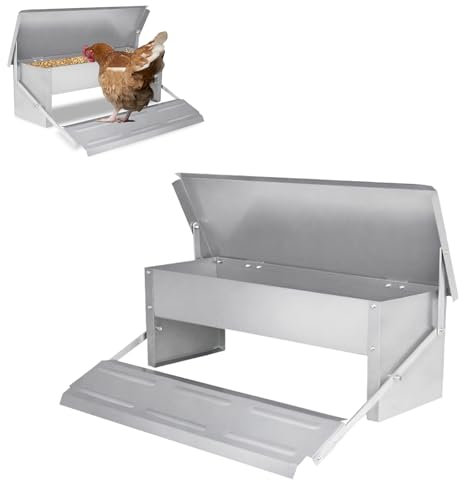 VANCHEMO Futterautomat Hühner 5KG Automatischer Hühnerfutterautomat aus Verzinktem Stahl mit Pedal, Wasserdichtem Deckel und Rattensicherem Design, Futterspender für Geflügel & Kleintiere