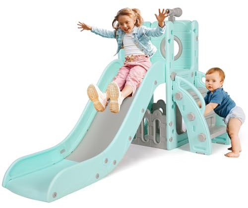 Kinderrutsche, für 1-3 Jahre, Indoor & Outdoor Rutsche ab 1 Jahre, Freistehende Rutsche mit Stauraum & Spielteleskope, Gartenrutsche, Kinder Spielplatz, mit 2PCS Moduls, Grün Grau