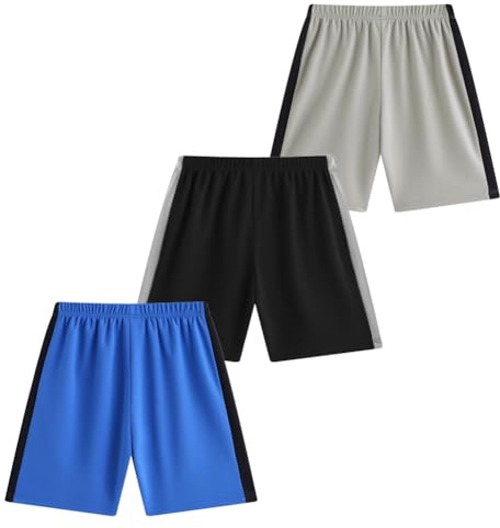 FedMois Boys' Athletic Shorts Sport Shorts for PE School Football, Pack of 3, Black, Grey and Blue, 5 Years