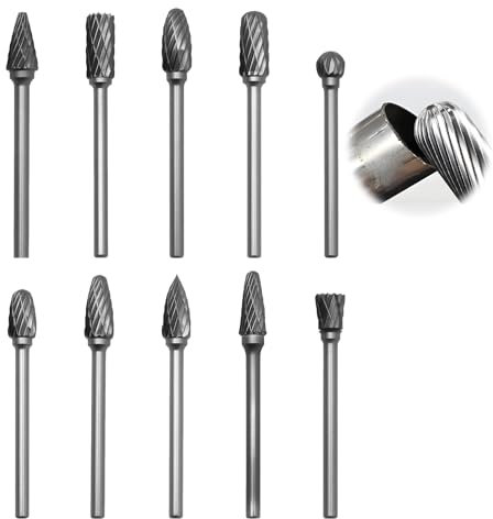 Tungsten Carbide Rotary Burr Set for Dremel, 10PCS Double Cut Carbide Drill Bits with 1/8” Shank – Metal Drill Bits for Woodworking, Engraving, Polishing, Hard Steel