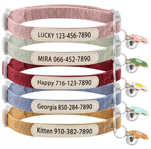 Personalized Cat Collars Breakaway with Bell, Custom Corduroy Cat Collar with Name and Phone Number, Cute Collar with Flower Accessories for Cat or Kitten