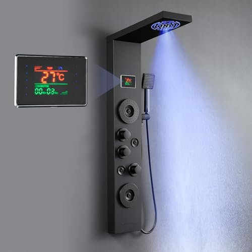 KINKIBOS Pannello doccia con rubinetto, 6 funzioni, pannello doccia con indicatore di temperatura a LED, doccia a pioggia, nebbia, 2 modalità, ugelli massaggianti, doccetta e entrata, colonna doccia