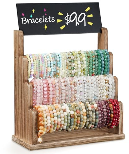 Emfogoo Porta Bracciali, 3 Livelli Espositore Gioielli, Braccialetti Rack in Legno Staccabile, per Bracciali, Braccialetti, Orologi, Collane, Porta Gioielli per Casa, Fiere e Negozi (Marrone Vintage)