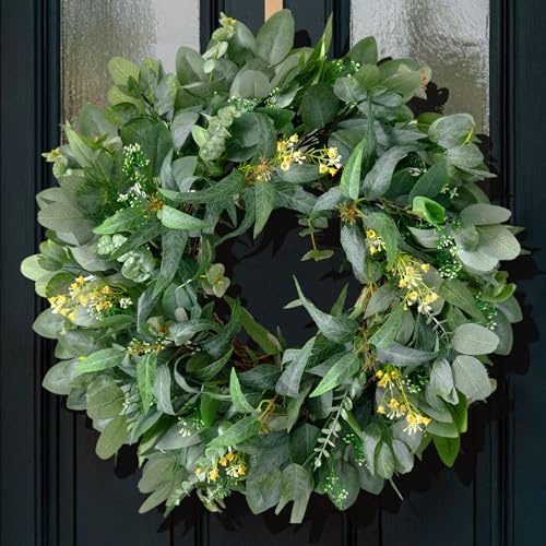 26 Inch Artificial Eucalyptus Wreaths for Front Door Outside- Green Year Round Wreath for Spring Summer Fall Winter- All Seasons Evergreen Hanging Decor for Farmhouse Home Firplace Porch,Window,Wall