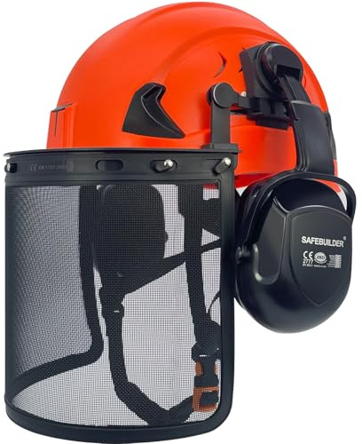 SAFEBUILDER Forestry Hard Hats Type 2 Safety Helmet Chainsaw Work Head Protection Foam Liner Vented Outdoor Industrial ANSI Approved (G2C-Orange+Mesh Face Shield)